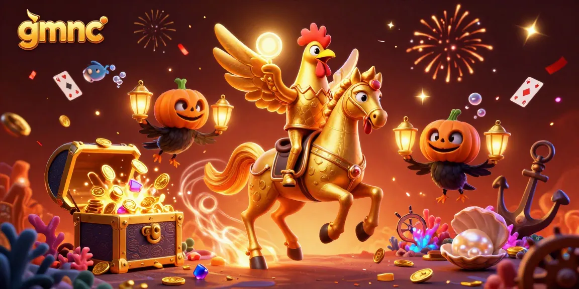 Experience the magic of gmnc with a golden rooster riding through a vibrant casino, surrounded by treasures!