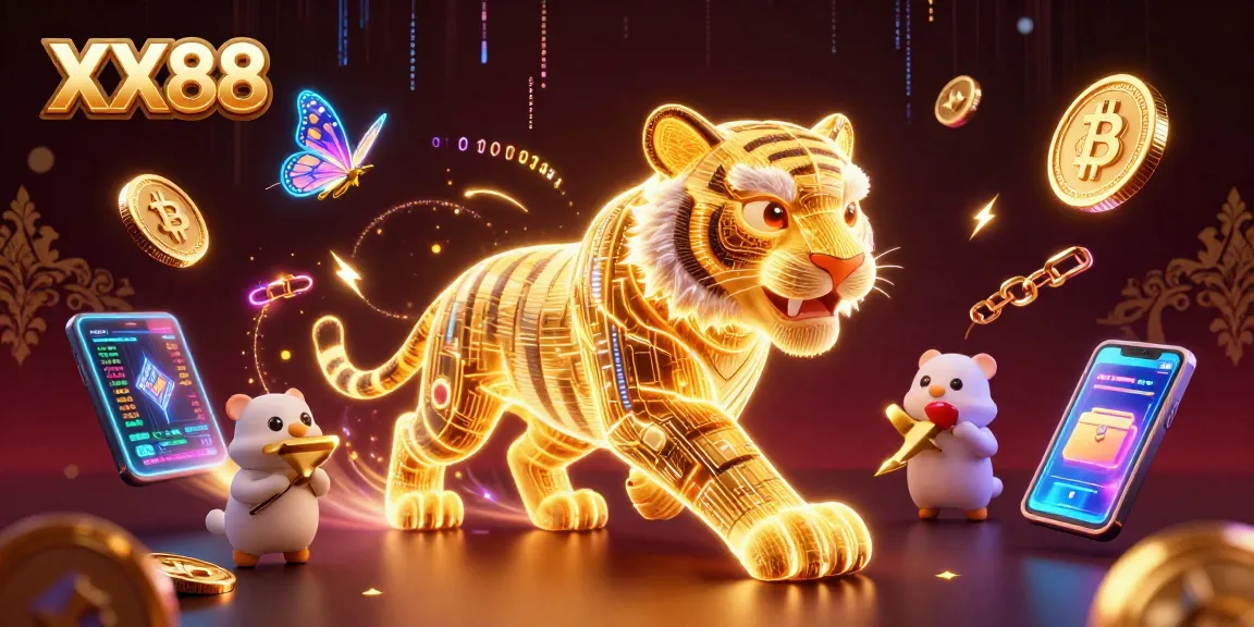 Experience dynamic gaming with XX88's 3D neon-wireframe tiger and vibrant cryptocurrency elements.