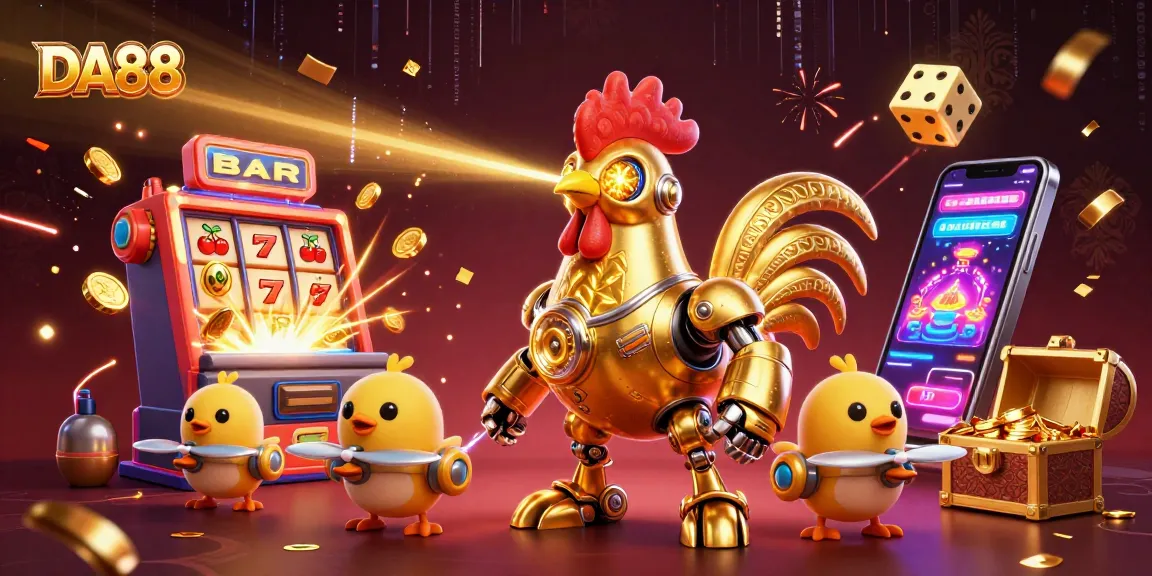 Witness the DA88 jackpot explosion with a dynamic 3D golden rooster robot and colorful casino elements.