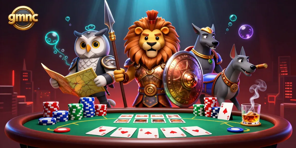 gmnc showcases an engaging poker battle with a Spartan lion, owl strategist, and greyhound in an advanced casino setting.