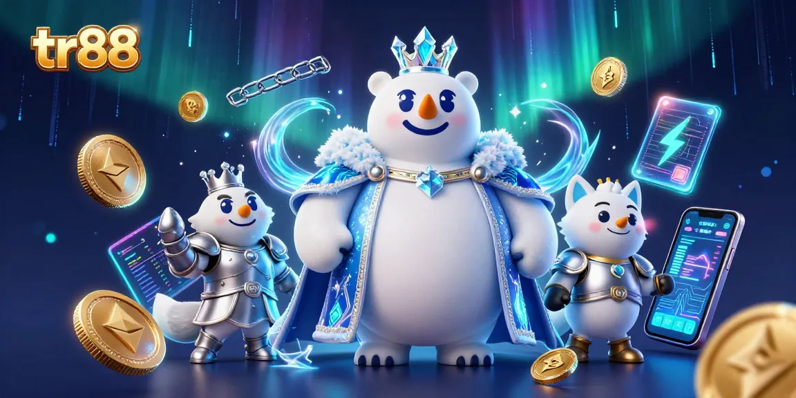 Engage with TR88 in a dazzling online casino scene featuring crypto elements and vibrant character action.