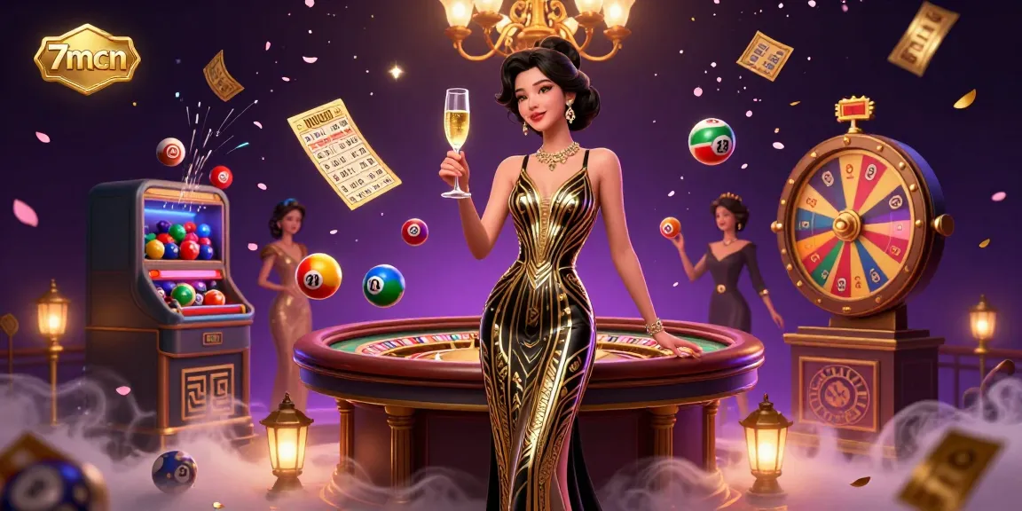 Engage with 7mcn while enjoying a vibrant lottery atmosphere with golden confetti and animated prize elements.