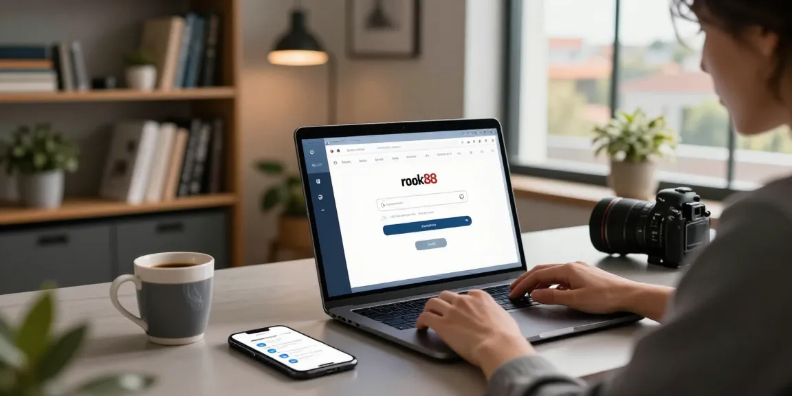 Person logging into rokok88 login on a laptop at a modern workspace