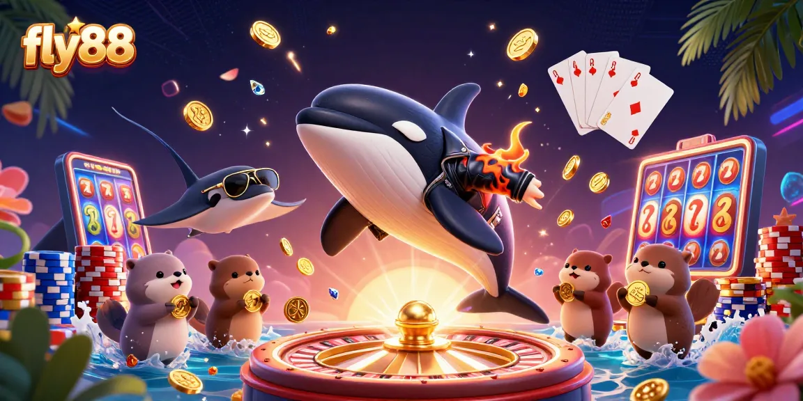 Experience the excitement of fly88 with vibrant characters, golden coins, and dazzling casino elements.