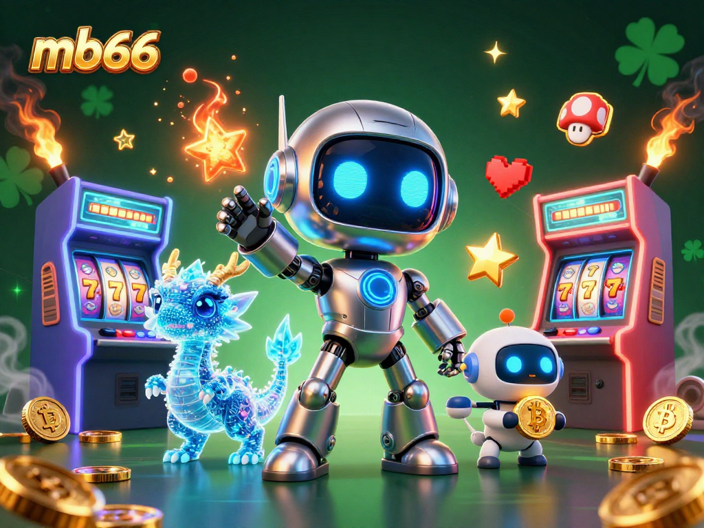 Engage with mb66's thrilling casino world featuring a futuristic robot mascot and gaming elements.