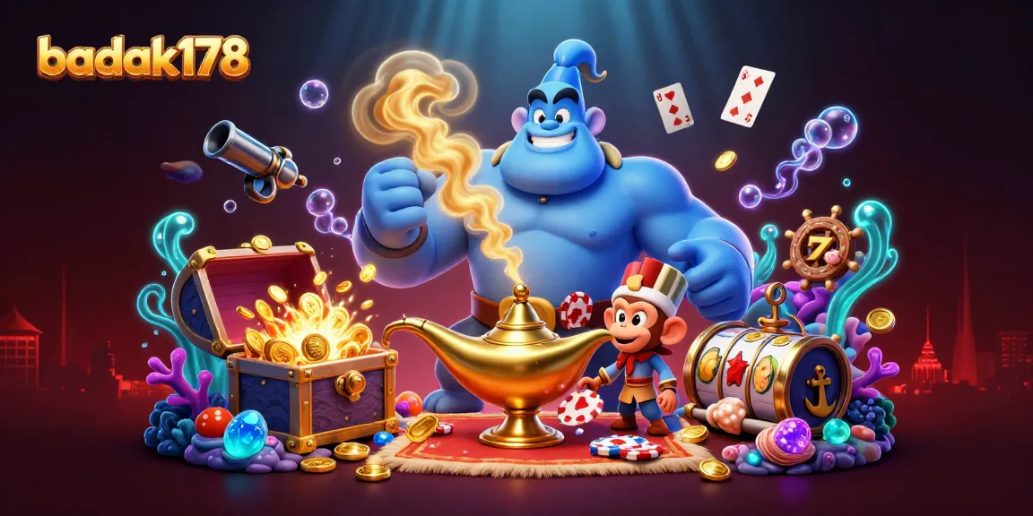 Experience the excitement of badak178 with a thrilling casino scene featuring a genie, monkeys, and golden treasures.