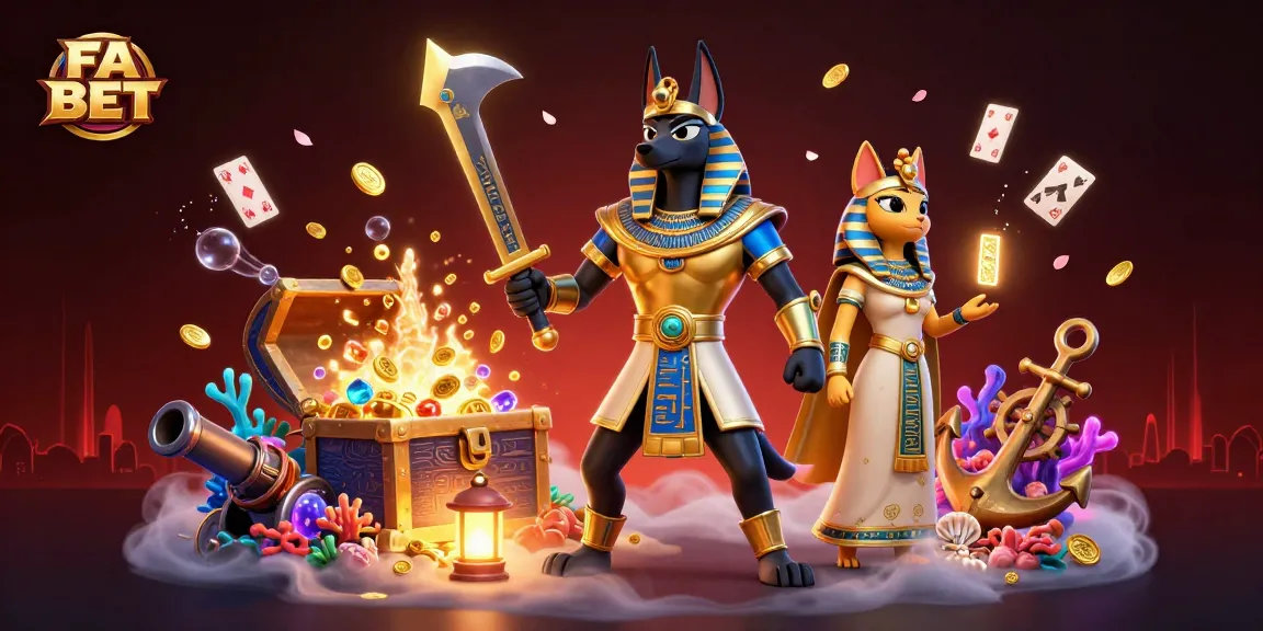 Play exciting games at FA BET with vibrant 3D illustrations of Anubis and Bastet amidst treasures.