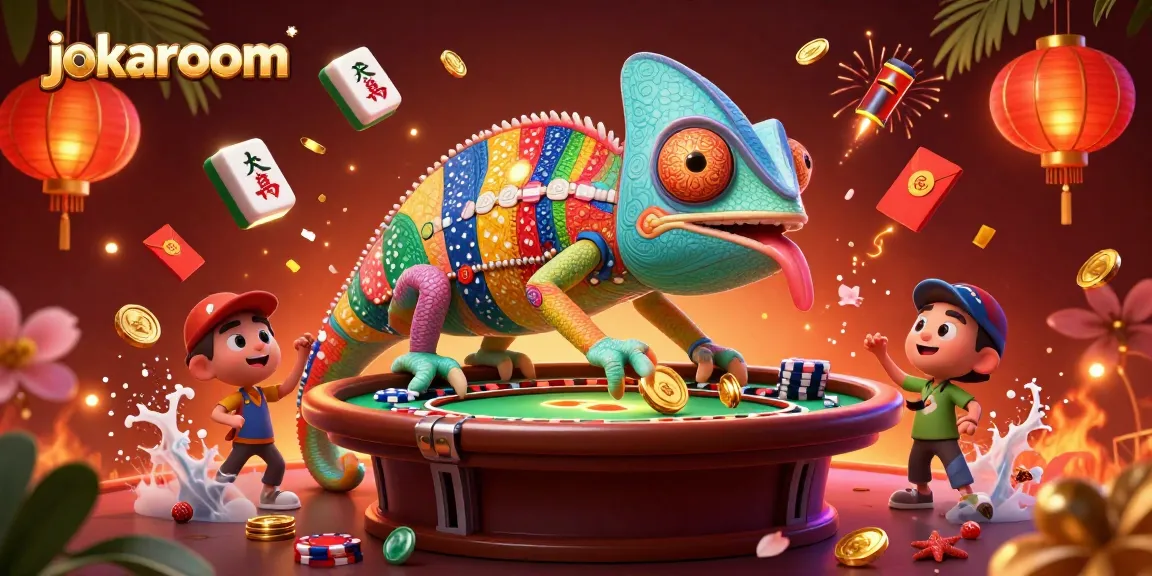 Engaging jokaroom casino scene with a vibrant chameleon owner snapping up coins amidst dynamic gaming elements.