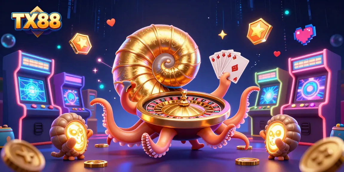 TX88 offers an enticing scene of vibrant gaming elements and a giant nautilus roulette wheel.