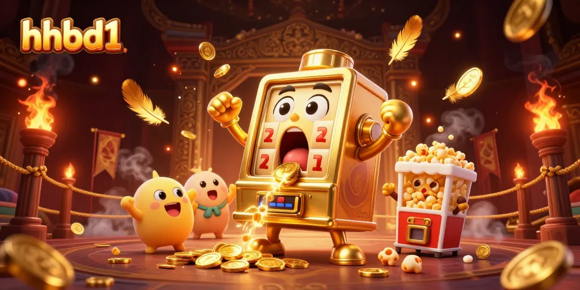 hhbd1 jackpot celebration scene with vibrant golden slot machines and cheering characters