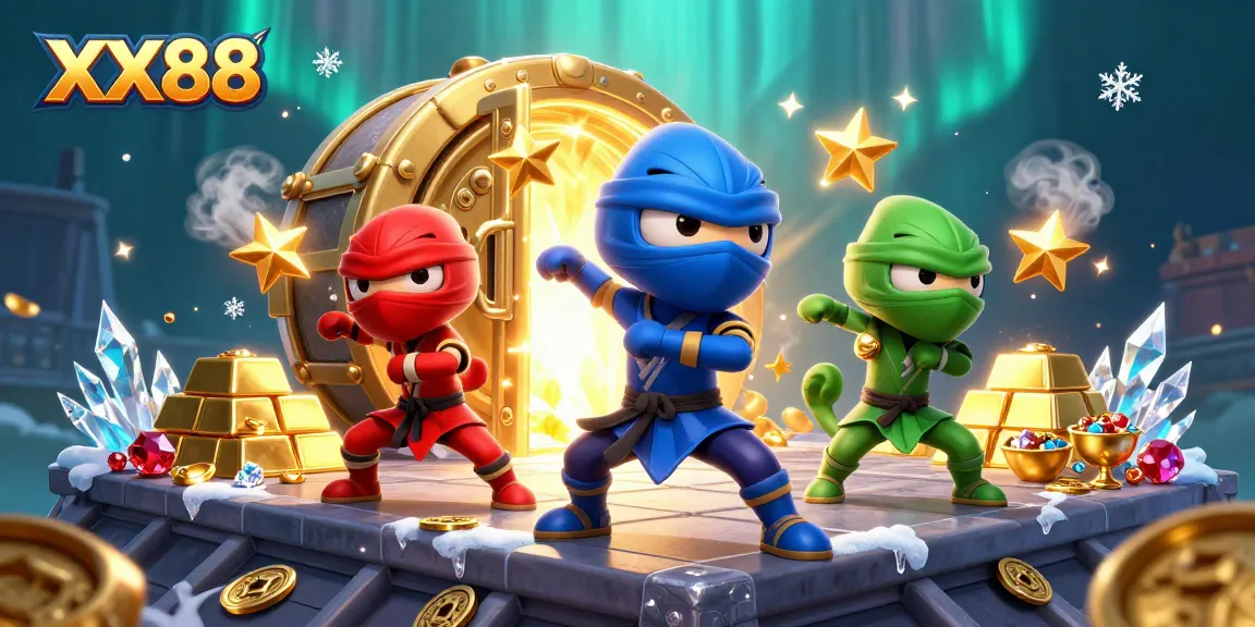 Experience thrilling gameplay at XX88, featuring vibrant chameleon ninjas and treasures in a dynamic casino scene.