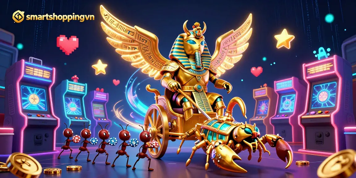 Engage in thrilling gameplay at smartshoppingvn with a vibrant casino scene featuring a golden scarab and dynamic game elements.