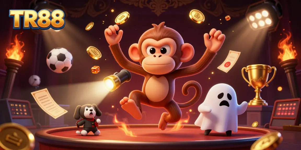 TR88 provides thrilling casino entertainment with golden coins and dynamic sports balls filling the haunted scene.