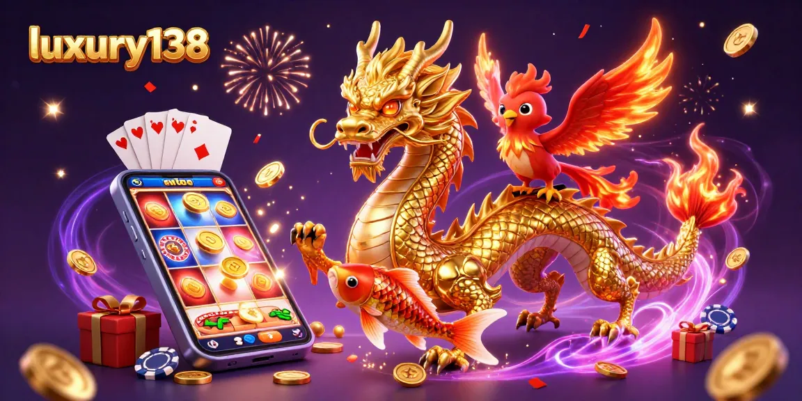 Experience thrilling gameplay with luxury138 as a golden dragon and phoenix celebrate big wins.