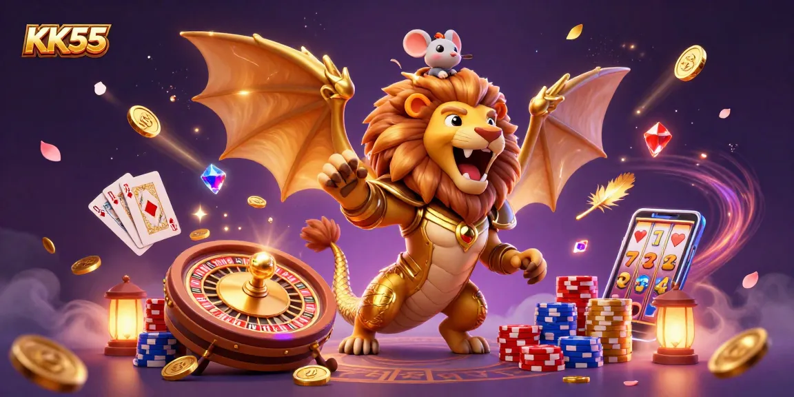 Engage in thrilling gameplay at KK55 featuring a chimera creature and vibrant casino elements.