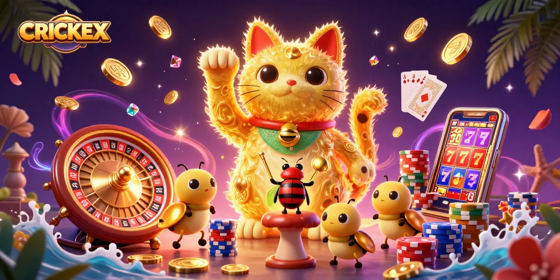Experience CRICKEX's captivating gambling environment with a lucky cat and casino elements. Join the fun now!