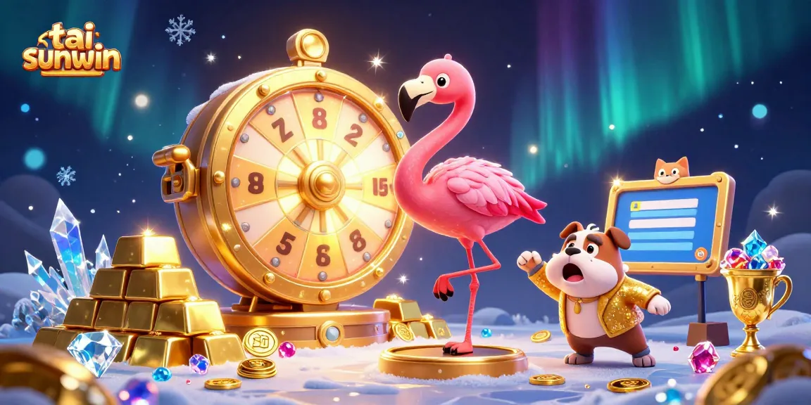 Experience excitement with tai sunwin as a flamingo game show host spins the prize wheel in a vibrant casino scene.