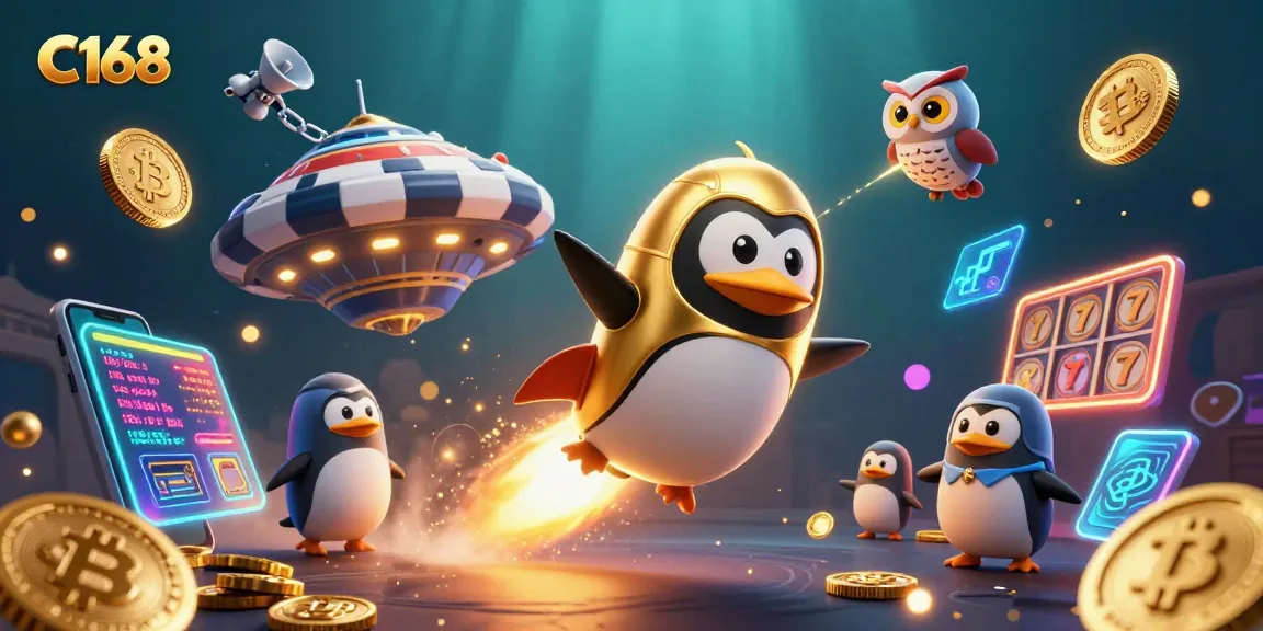 Experience C168's exciting casino universe with a golden penguin and vibrant gaming elements.