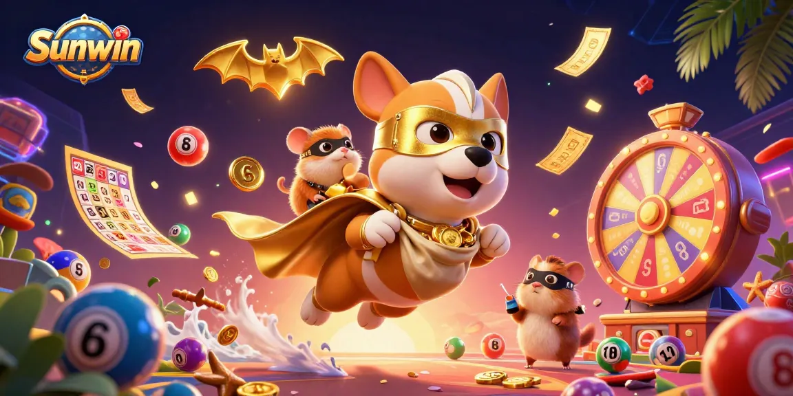 Sunwin showcases a vibrant casino world with a superhero dog carrying gold coins among lively games.