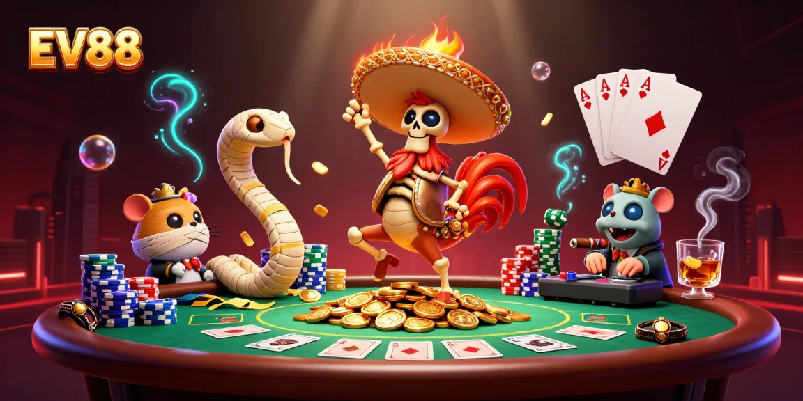 Experience EV88's thrilling victory dance with a skeleton mariachi, mummy snake, and zombie DJ in a vibrant casino atmosphere.
