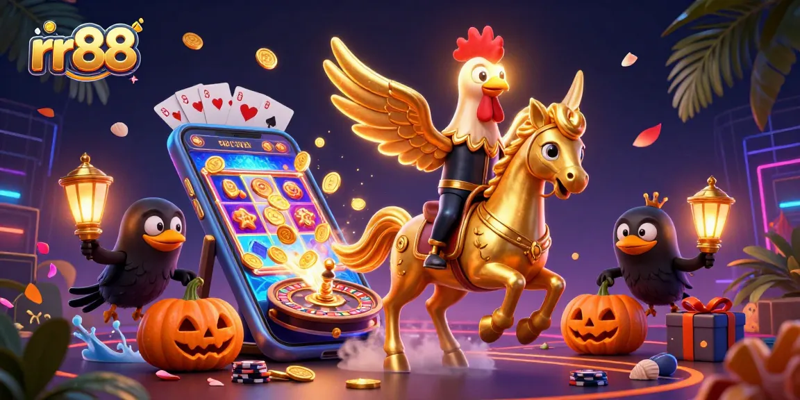 Spin the reels at rr88 with a golden rooster and spooky companions in a vibrant casino scene.