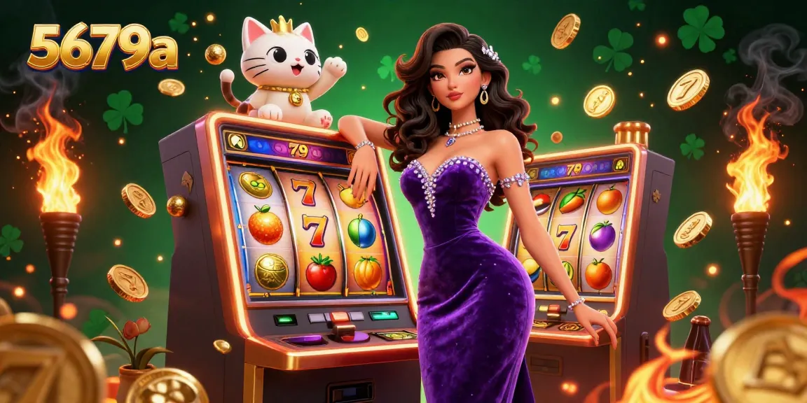 Play slots and hit jackpots at 5679a featuring a glamorous woman, coins, and lucky symbols.