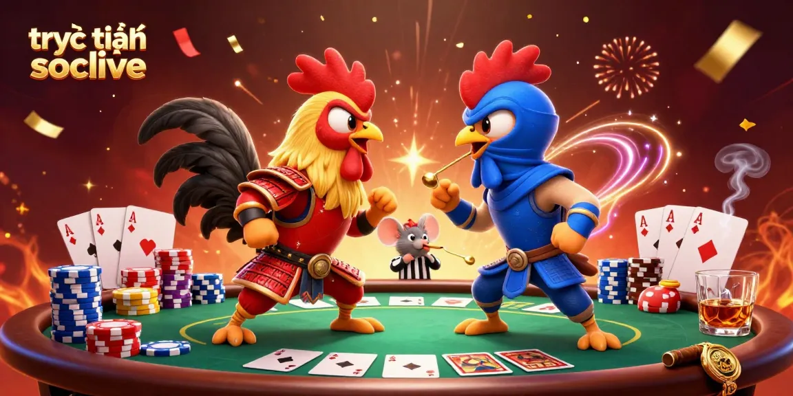 Watch trực tiếp socolive feature energetic roosters battling at a vibrant poker table in stunning 3D.