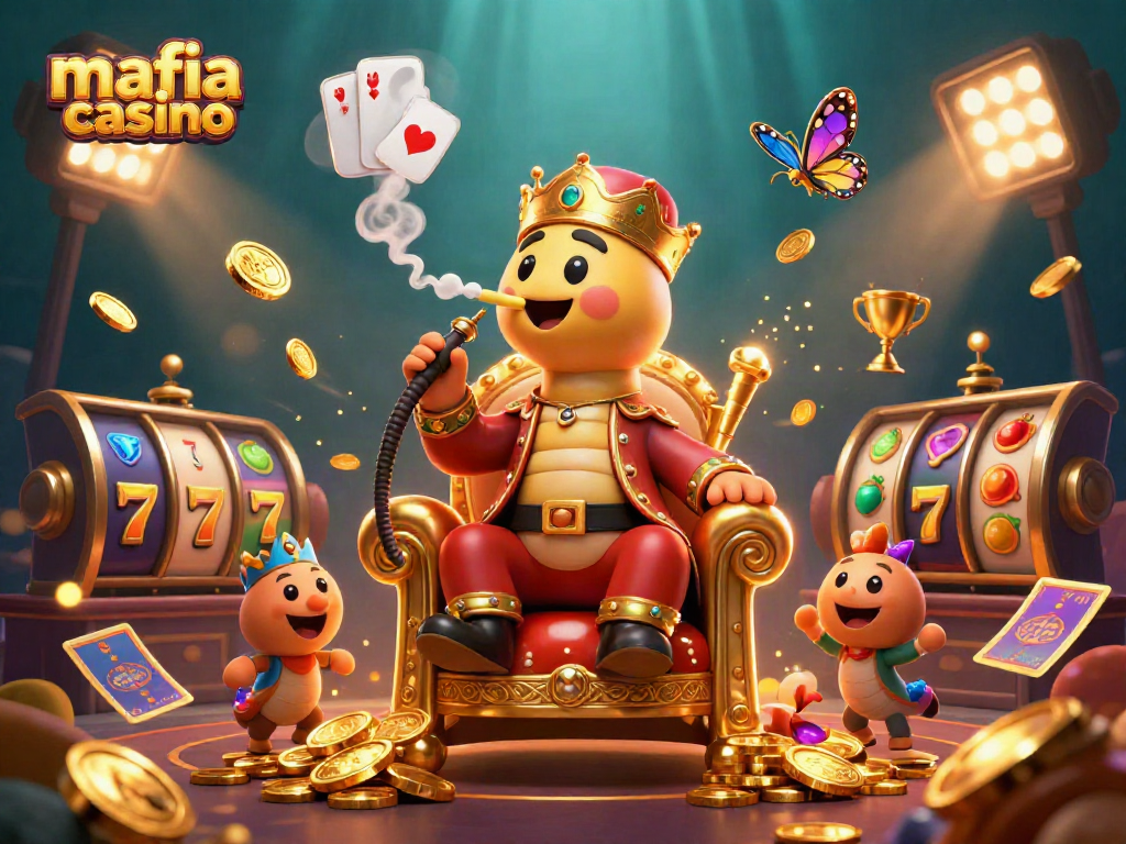 Mafia casino reveals a colorful gaming scene with vibrant slot reels and golden trophies.