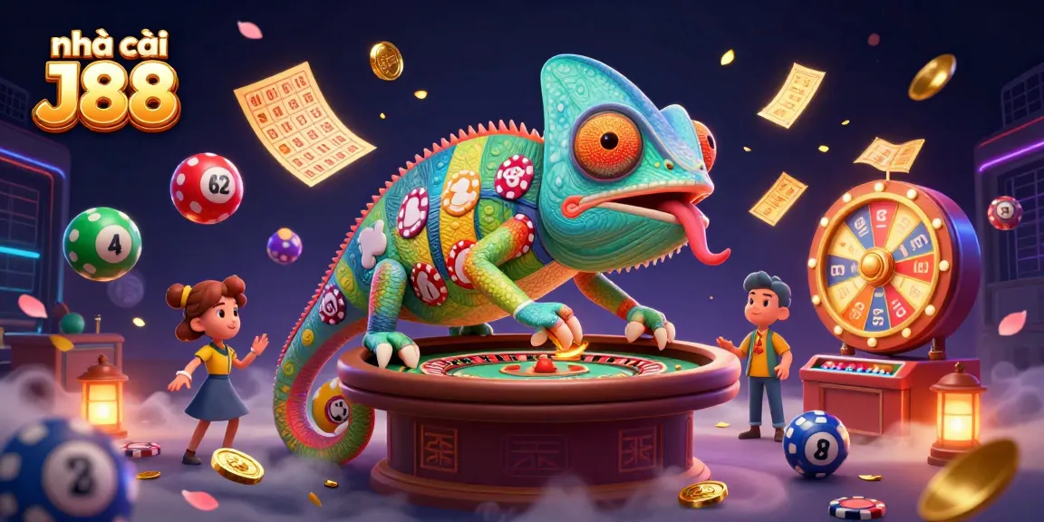 Catch thrilling moments at nhà cái J88 with vibrant gaming elements and a friendly chameleon casino owner.