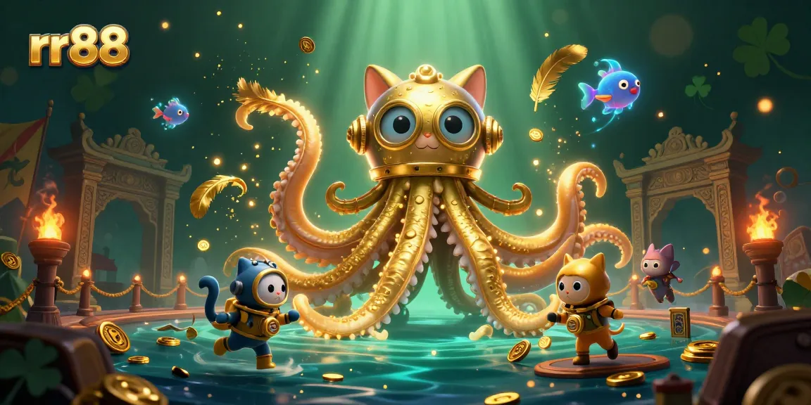 Engage with the thrilling world of rr88 as a colossal kraken and diving cat uncover treasures amidst bioluminescent fish and gold.
