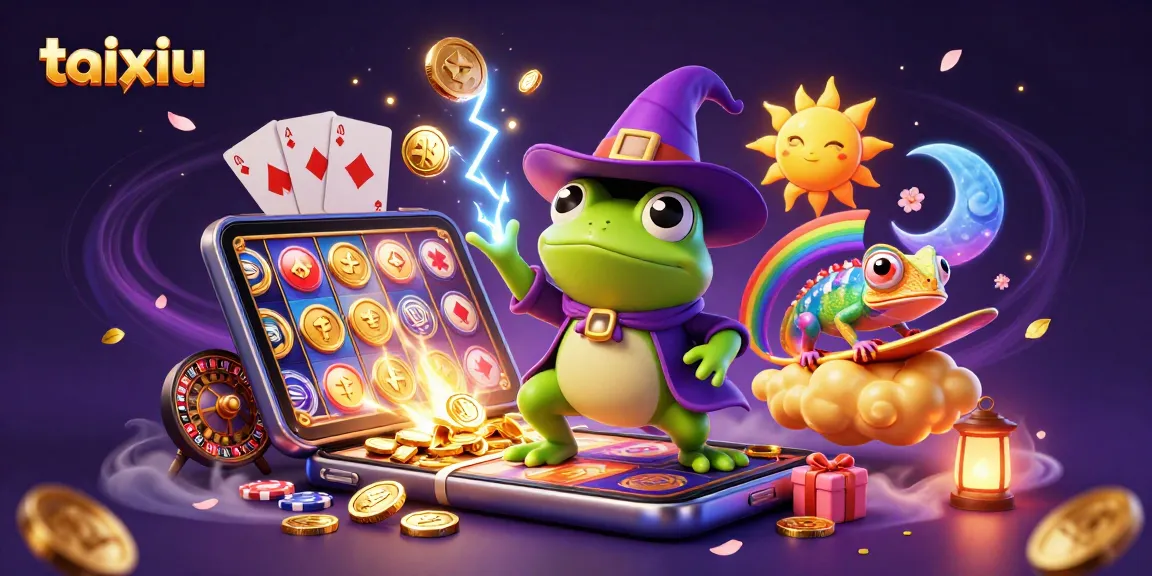 Engage in thrilling taixiu gameplay with a wizard frog and chameleon amidst golden coins and 3D casino elements.