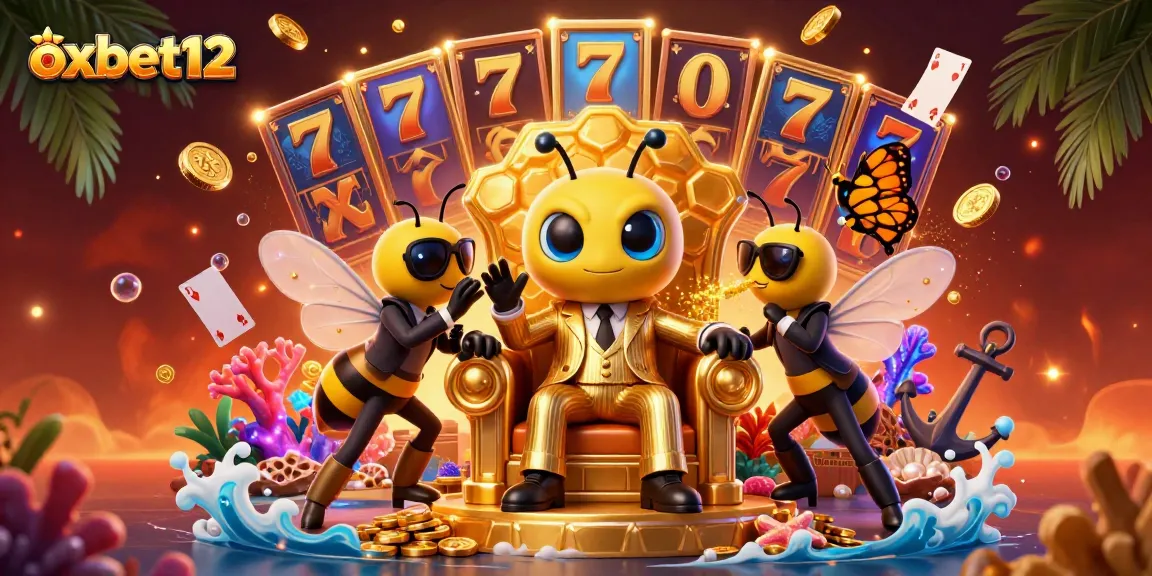 Experience excitement with oxbet12 in this vivid 3D casino scene featuring colorful slots and animated treasures.