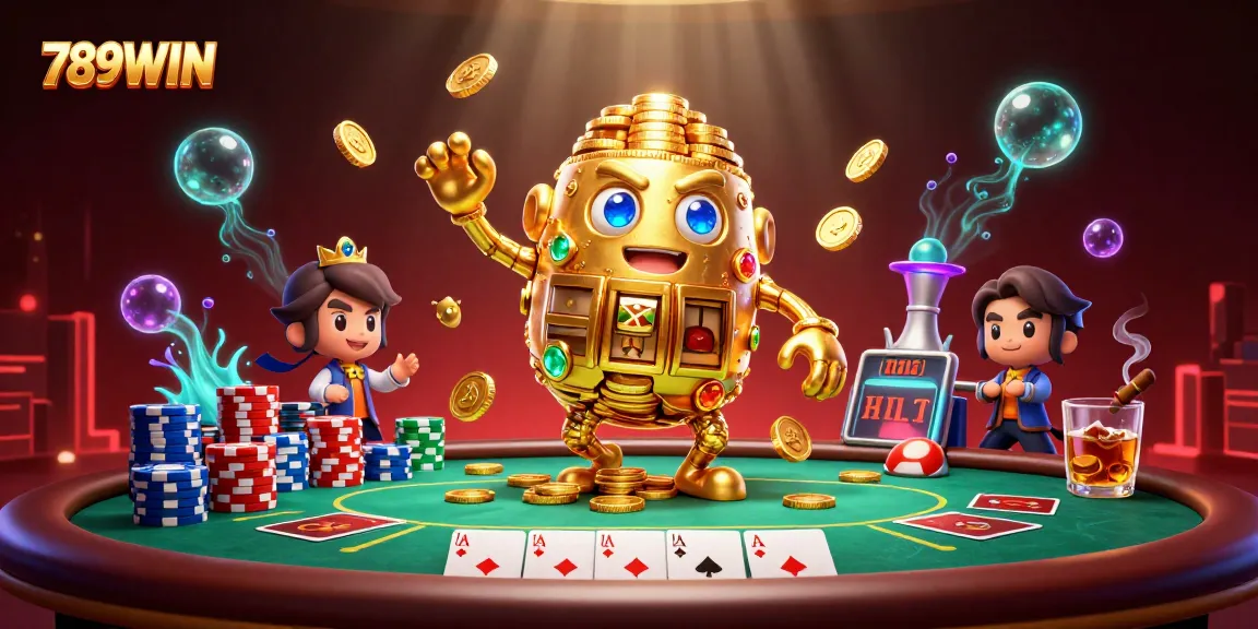 Engage with 789WIN's immersive casino scene featuring golden golem, poker elements, and vibrant atmosphere