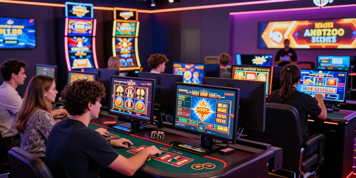 Scena emozionante che mostra i migliori casino online non AAMS con giocatori che si divertono con diversi giochi in un'atmosfera di gioco online vibrante.