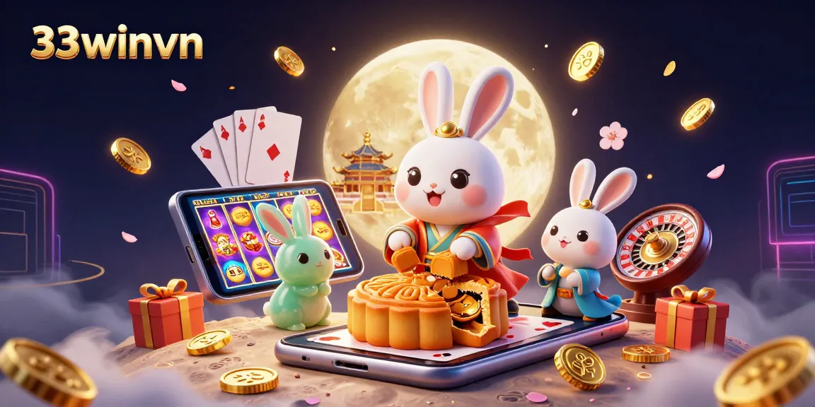 Engage in vibrant gaming with 33winvn's moon rabbits unveiling poker chips amidst casino treasures.