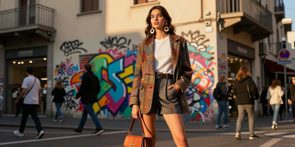 Modella elegante in abbigliamento di design che mostra servizi fotografici moda Milano contro uno sfondo urbano.