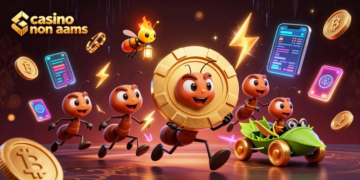 Engaging scene of ants executing a heist with a golden poker chip at a casino non aams, surrounded by cryptocurrency elements.