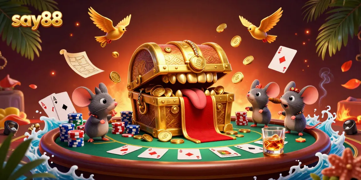 Experience thrilling adventures at say88 with the enchanting golden treasure chest and poker game elements.