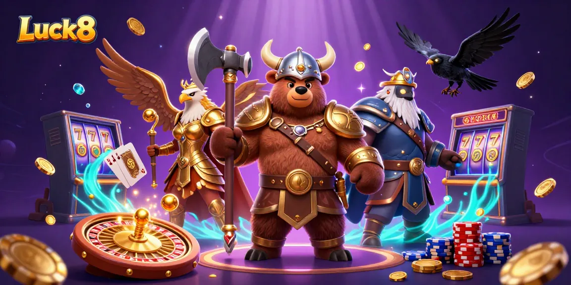 Luck8 online casino illustration featuring vibrant characters engaging in thrilling gameplay with coins and cards.