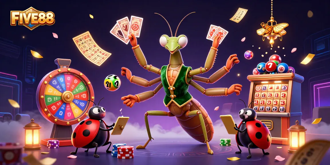 Experience excitement at FIVE88 with a giant praying mantis card sharp dealing cards, surrounded by lottery balls and vibrant decorations.