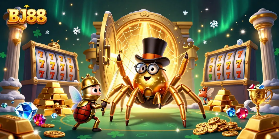 Experience excitement with BJ88's vibrant casino scene featuring a golden tarantula and gaming elements.