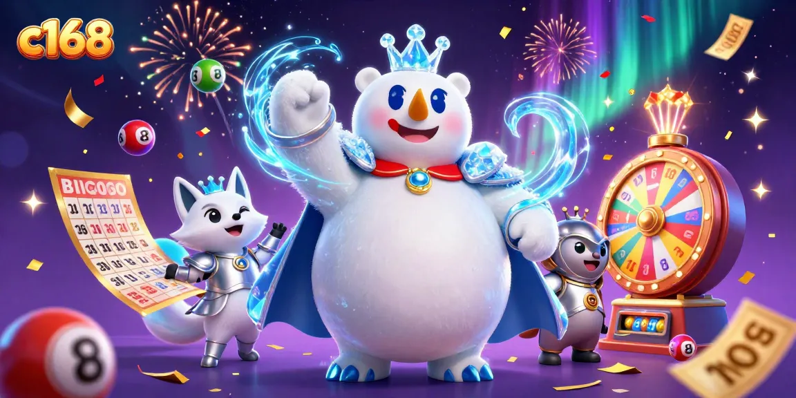 c168 gaming celebrates with vibrant lottery balls and cash rain in a dynamic casino scene