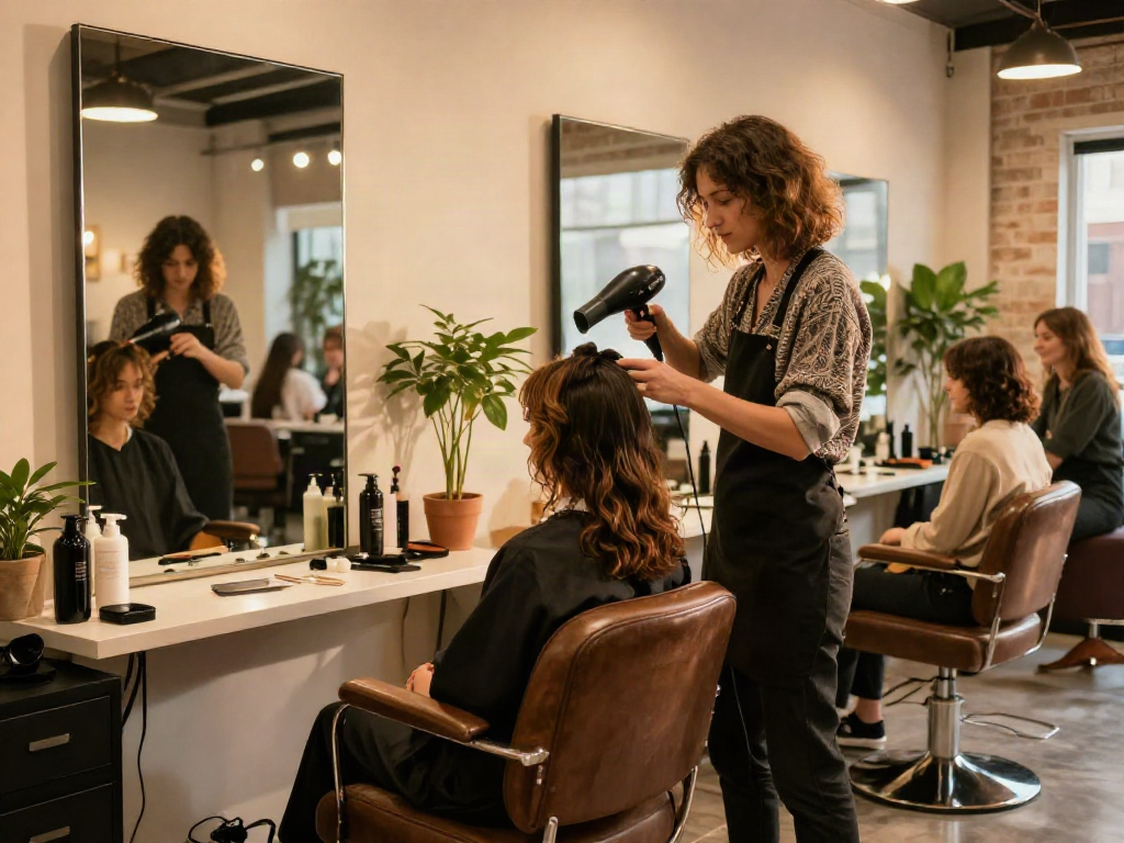 Hairstylist using a blow dryer on a client at https://carbonegroupparrucchieri.it/, showcasing a trendy salon atmosphere.