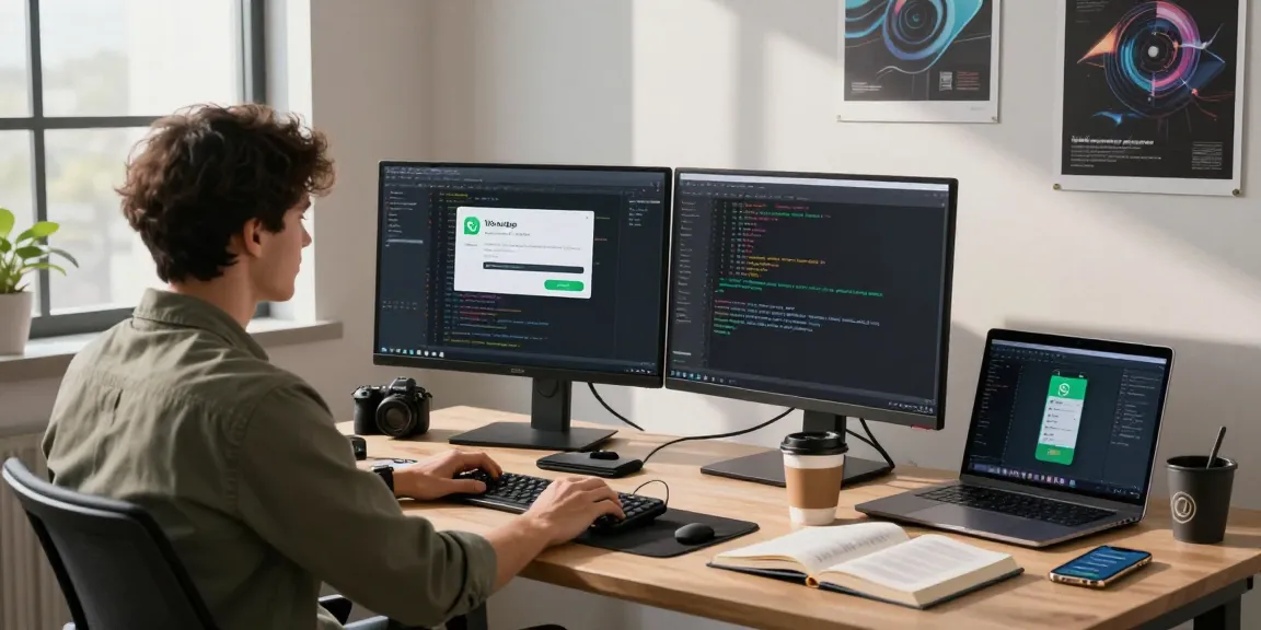 Engaging workspace with software developer using WhatsApp電腦版 on dual monitors.