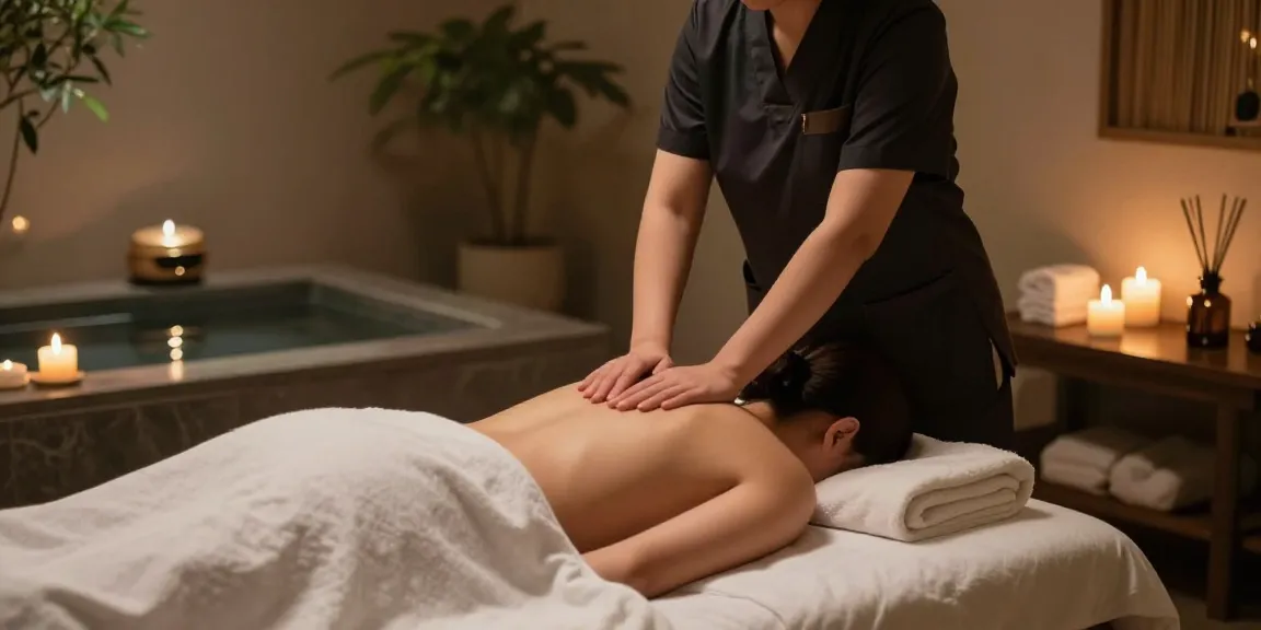 Relaxing 성남출장안마 massage in a tranquil spa environment with candles and calming decor.