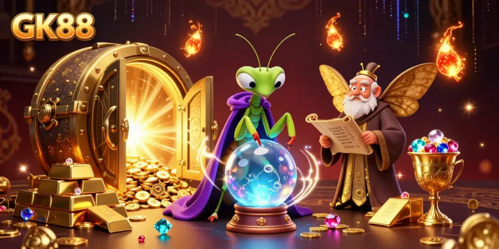 Experience thrilling casino adventures with GK88 through a mystical illustration showcasing fortune tellers and treasure.