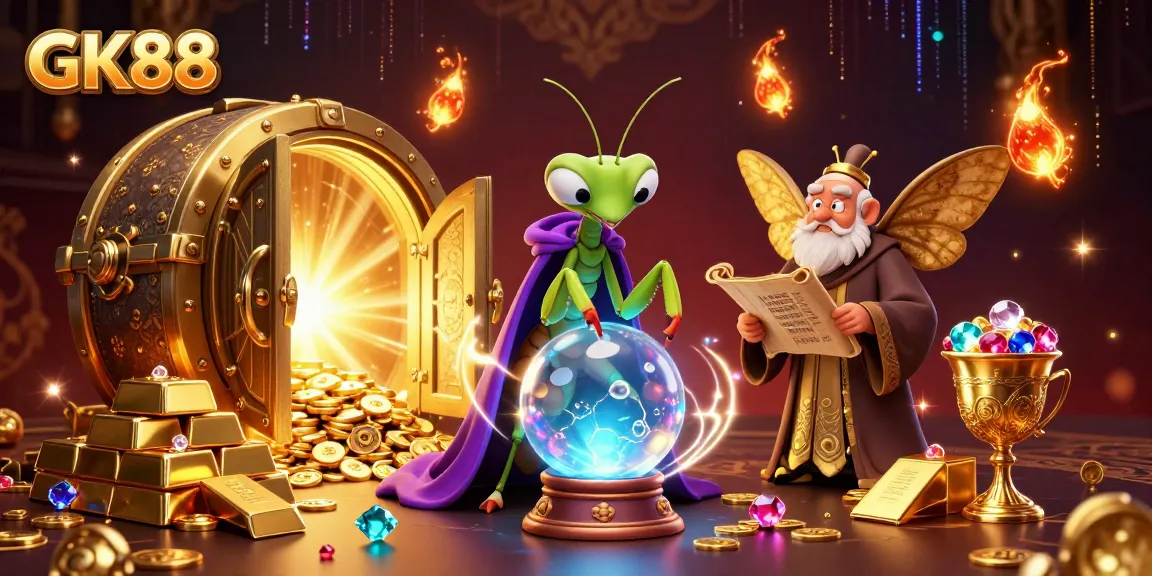 Experience thrilling casino adventures with GK88 through a mystical illustration showcasing fortune tellers and treasure.
