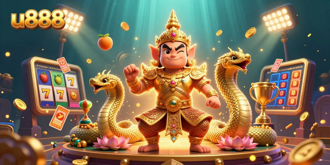 Experience thrilling wins at u888 with friendly guardians and jackpot slots in this vibrant 3D scene.
