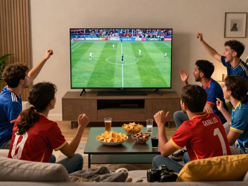 Friends watching a live football match on CakhiaTV in a cozy living room setup.