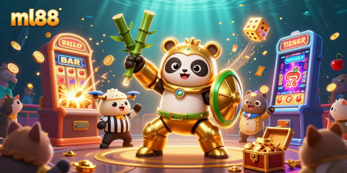 Engage in thrilling gameplay with ml88 as a golden panda battles in a vibrant casino arena.